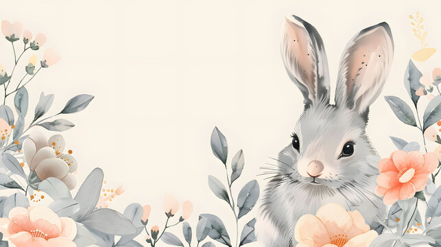 watercolor illustration of bunny on white background for easter spring season greeting.