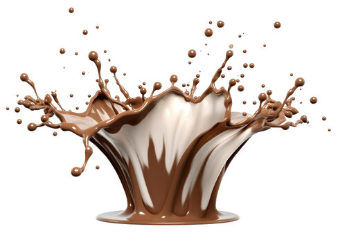 A splash of chocolate milk is shown in a white background. The splash is large and has a lot of detail, making it look like a real splash of milk. The image has a playful and fun mood