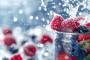 Close-up of fresh berries with dynamic water splash, ideal for food-related themes.