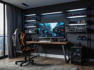 Modern game room with a computer desktop and a monitor - a programmer's workplace