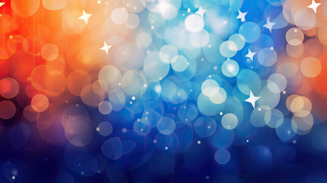 Abstract Blue and Orange Gradient Background. Bokeh Lights and Stars Close-Up Copy Space for Banner or Poster