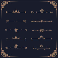 Set of decorative vintage vector elements. Golden dividers for your design.