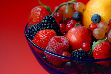 Close-up of a colorful mix of fresh berries and fruits in a glass bowl.