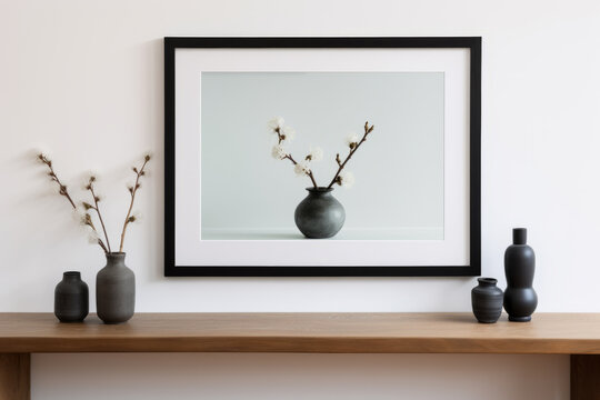 Black framed picture of flowers in vase sits on wooden shelf