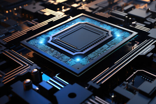 Computer chip is shown in close up with blue light shining on it