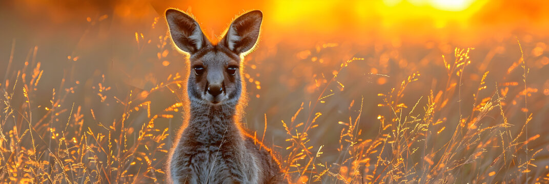 Photo of Kangaroo in Tall Grass at Sunset,
Cute deer grazing on meadow, looking at camera, at sunset