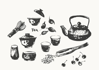 Hand drawn ink sketch of teapot, tea cups, scoop, whisk, leaves, cherries traditional japanese sumi-e style. - obrazy, fototapety, plakaty