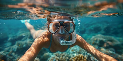 Naklejka premium Snorkeler with mask exploring marine life in blue tropical ocean. Concept Underwater Photography, Snorkeling Adventure, Marine Ecosystems, Blue Ocean Exploration, Tropical Aquatic Life
