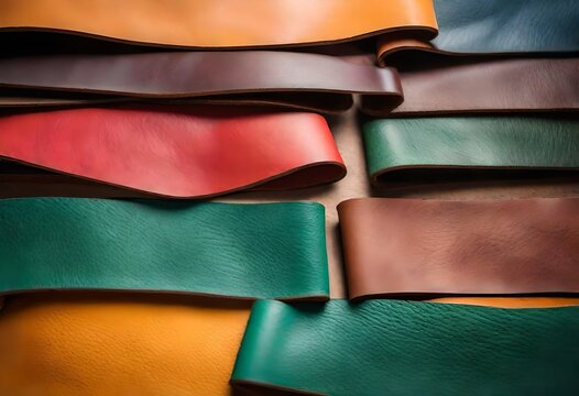 top view of multi-colored trimmings of leather in a tannery