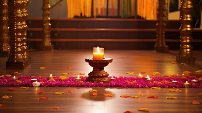 Decorative Room Temple With Worship Pot on The Occasion of indian Traditional Festival.