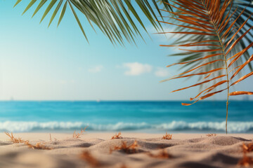 Fototapeta na wymiar Palm tree is in foreground of beach scene