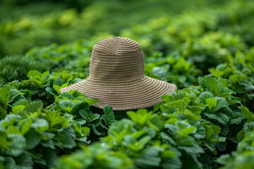 A sunhat-shaded face bending over rows of neatly aligned herbs, underscoring the commitment to cultivating a functional kitchen garden. Concept of culinary herb cultivation. Generative Ai.