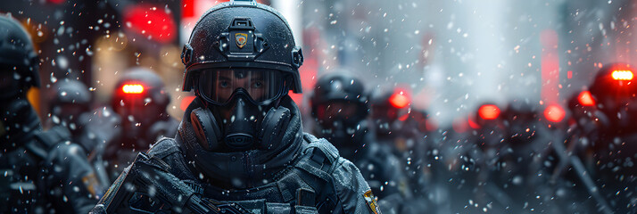 Police Unit Equipped for Riot Control,
Man in Gas Mask Holding Rifle Urban Enforcers An image of futuristic soldiers in urban warfare gear wearing face masks to combat airborne threats in a dystopian
 - obrazy, fototapety, plakaty