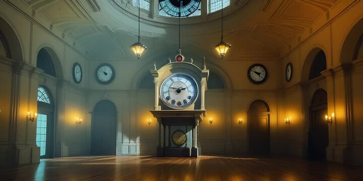  a large room with a clock in the middle of it, in the style of Photo real, hyper-realistic, cinematic, masterpiece