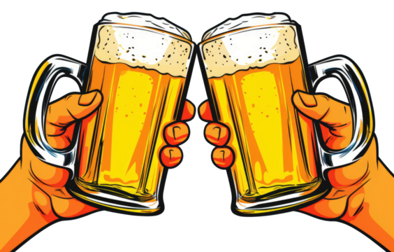 Two people holding up two glasses of beer. Scene is lighthearted and fun - Powered by Adobe