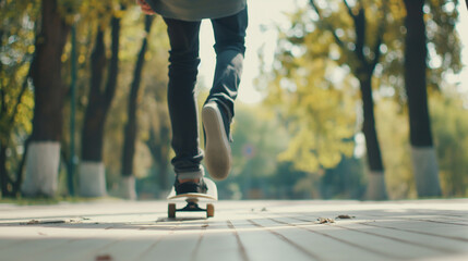 Man Riding a Skateboard. Photo taken from behind. Focus on the feet.