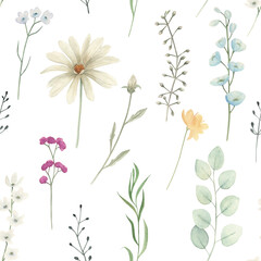 Watercolor seamless pattern with flowers and herbs. Hand drawn floral  illustration on white background - 761364979