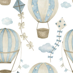 Watercolor baby seamless pattern with hot air balloon,  clouds and kite. Hand drawn cute  illustration on white background