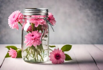 pink petaled flowers in clear glass mason jar