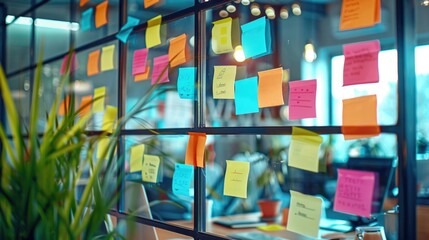 Creative team brainstorming session in a modern office vibrant post-its on glass walls tech gadgets...