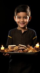 Indian Young Boy Holding a Plate of Delicious Foods in Lighting Dark Background. Fictional Character Created By Generated AI