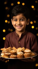 Naklejka premium Indian Young Boy Holding a Plate of Delicious Foods in Lighting Dark Background. Fictional Character Created By Generated AI