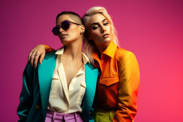 Lesbian couple portrait in LGBTQ rainbow flag colors. Pride Month concept.