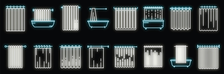 Shower curtain icons set outline vector. Water bathroom. Care tub neon color isolated