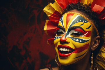 Woman with face paint and yellow and red flower headdress is smiling