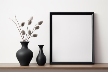 Black framed picture sits on shelf next to two vases