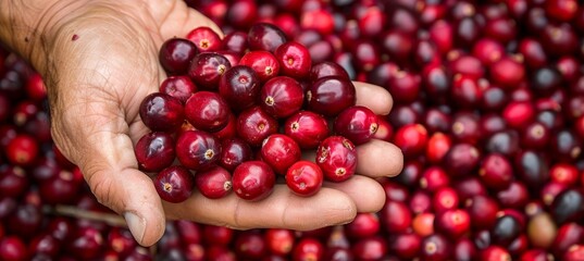 Hand holding fresh cranberries with selection on blurred background, copy space available