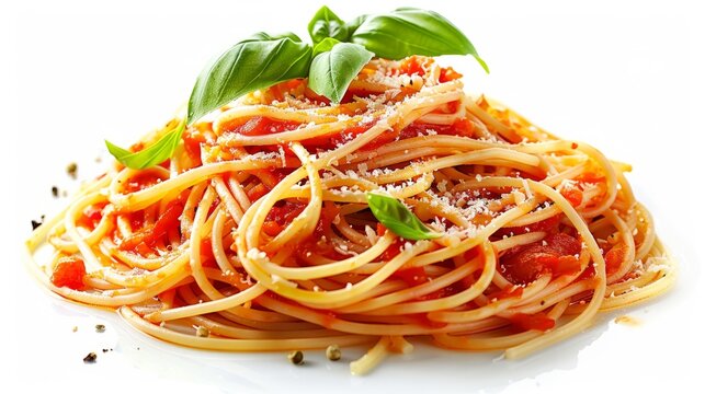 Spaghetti with tomato sauce, parmesan and fresh basil. Italian food. Symbolic image. Concept for a tasty, vegetarian dish. White background. Close up. Front view. 