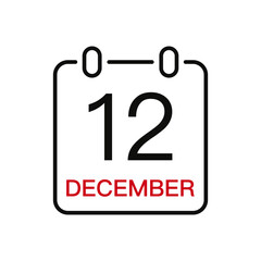December 12 date on the calendar, vector line stroke icon for user interface. Calendar with date, vector illustration.