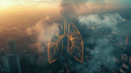 Human lungs in smoke on city background - obrazy, fototapety, plakaty