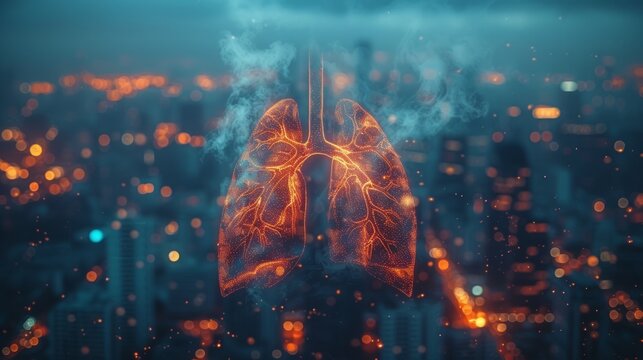 Human lungs in smoke on city background