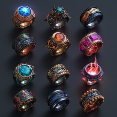 Set of gold and silver magic rings bracelet with precious stones. Icons for game.