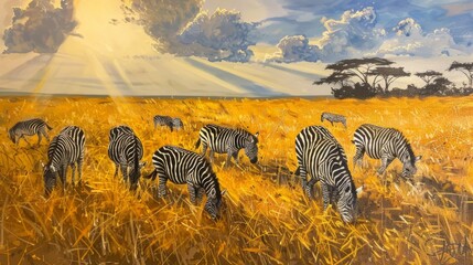 Peaceful Zebras Grazing at Sunset AI Generated.