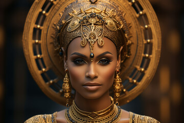 Woman wearing gold headpiece and gold earrings