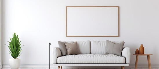A modern living room with a white couch and a rectangular picture frame on the woodpaneled wall, creating a comfortable and stylish interior design - obrazy, fototapety, plakaty