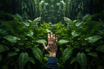 Hand is reaching out in lush green jungle - obrazy, fototapety, plakaty