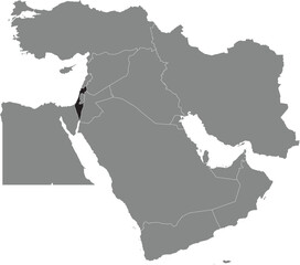  Black detailed CMYK blank political map of ISRAEL with white national country borders on transparent background using orthographic projection of the gray Middle East