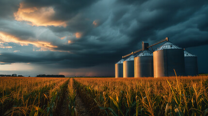 Storm clouds gathering over grain storage silos with the last rays of sunlight shining on a field of mature corn, a metaphor for challenges in farming, with copy space