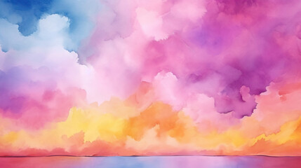 Abstract Watercolor Background with Bright Puffy Clouds in Rainbow Shades of Purple, Orange, Yellow, Blue, and Pink. Colorful Easter Sunset Vivid and Pastel Texture - obrazy, fototapety, plakaty