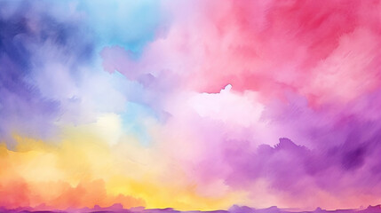 Abstract Watercolor Background with Bright Puffy Clouds in Rainbow Shades of Purple, Orange, Yellow, Blue, and Pink. Colorful Easter Sunset Vivid and Pastel Texture - obrazy, fototapety, plakaty