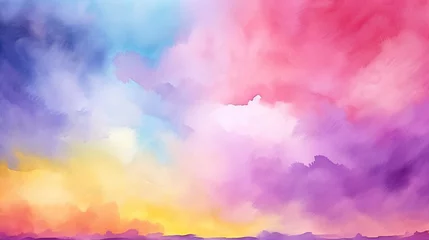 Foto op Plexiglas Abstract Watercolor Background with Bright Puffy Clouds in Rainbow Shades of Purple, Orange, Yellow, Blue, and Pink. Colorful Easter Sunset Vivid and Pastel Texture © RBGallery