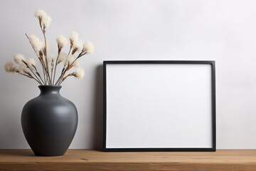 Black frame with white background sits on wooden shelf