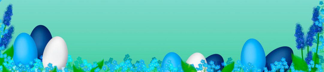 Easter holiday illustration. Easter eggs. Eggs and blue flowers.