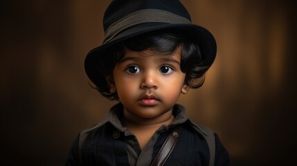 Adorable Young Child, Hat and Bow Tie Outfit, Captivating Smile. Fictional character created by Generated AI. 