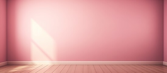The room features pink walls and a wooden floor made of hardwood stained in a warm peach tone. A personal computer sits on a rectangle desk under a magenta ceiling