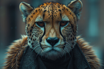Obraz premium A person in a suit featuring a cheetah's head, illustrating speed and agility in decision-making. Concept of swift business strategies. Generative Ai.